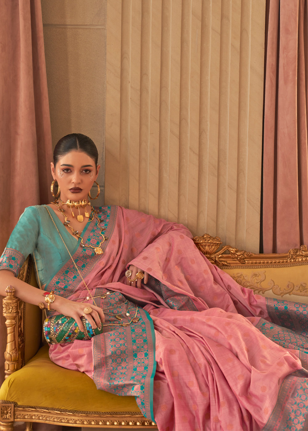 Buy MySilkLove Geraldine Pink Bronze Zari Woven Soft Silk Sarees Online