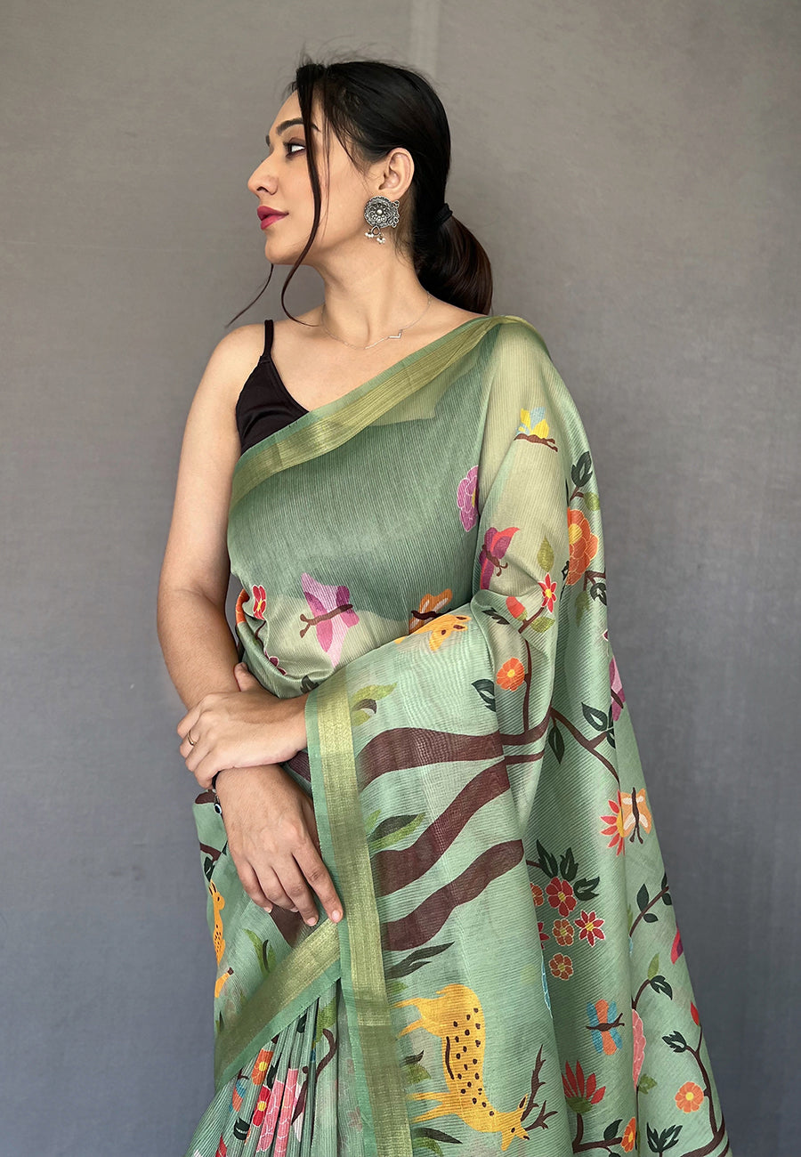 MySilkLove Beryl Green Tissue Printed Kalamkari Silk Saree