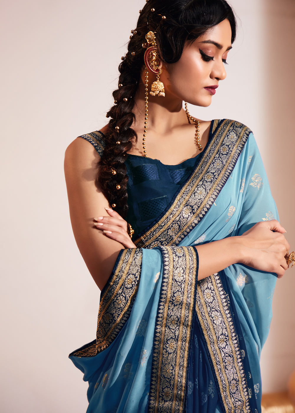 Buy MySilkLove Gothic Blue Woven Georgette Silk Saree Online