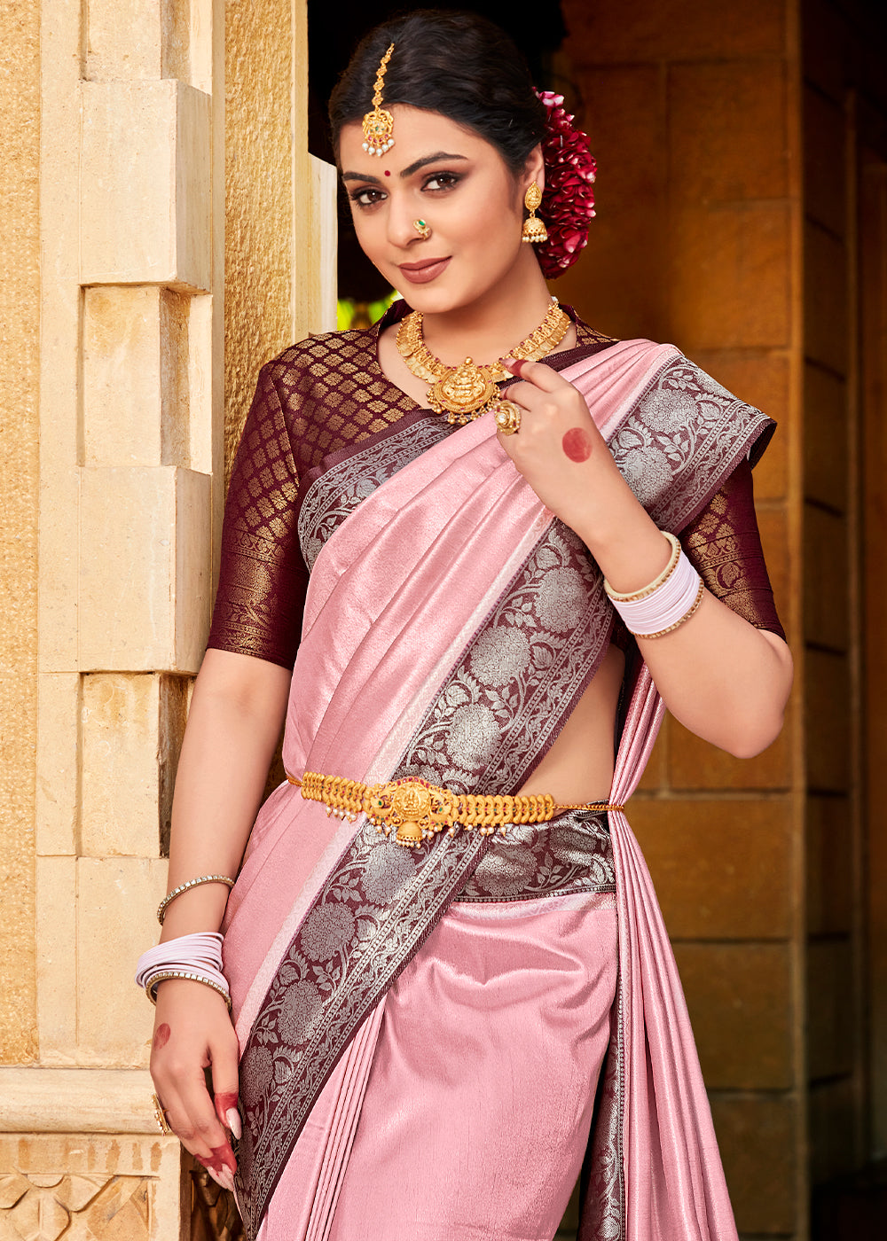 Buy MySilkLove Cosmos Pink and Brown Zari Woven Kanjivaram Saree Online