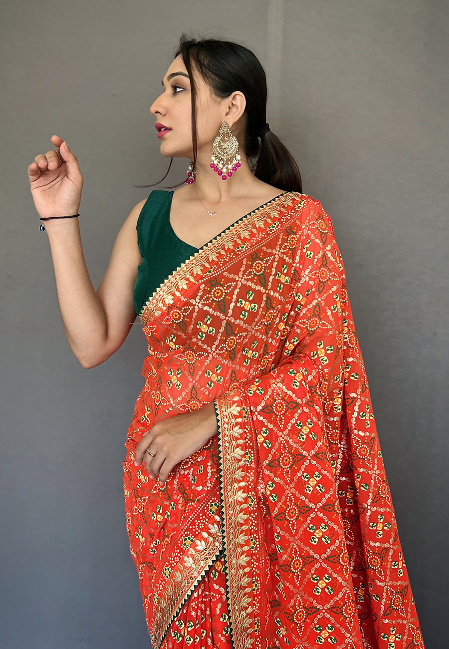 Buy MySilkLove Atomic Orange Embroidered Georgette Bandhani Saree Online