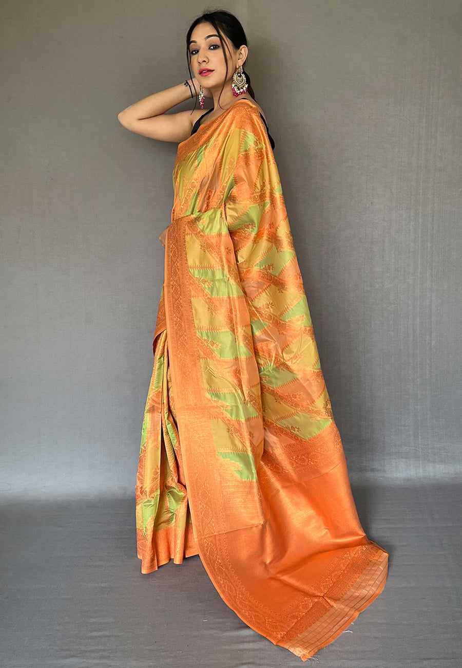 Buy MySilkLove Tacha Green and Yellow Copper Zari Woven Organza Saree Online