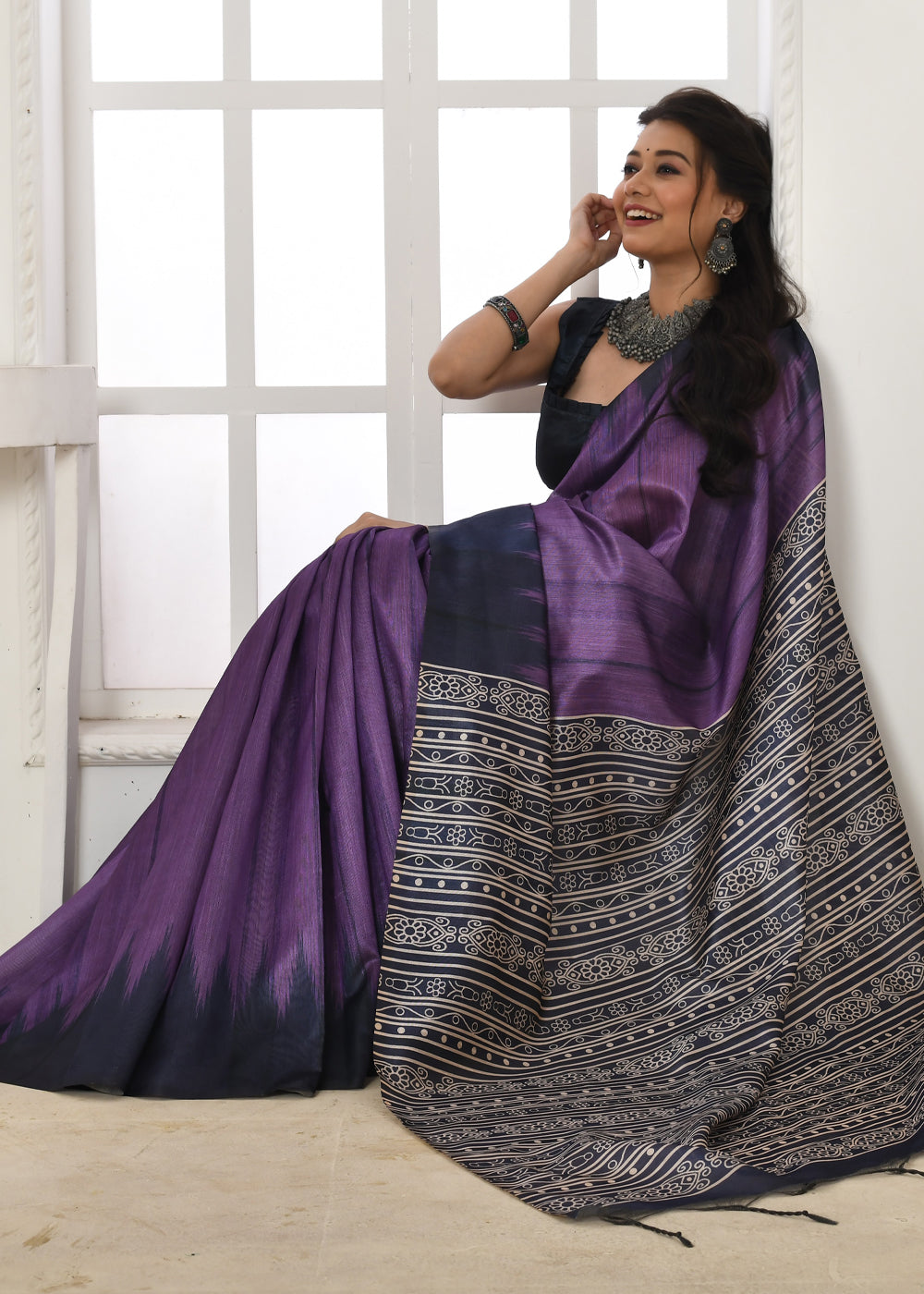 MySilkLove Voodoo Purple Woven Tussar Ikkat Silk Saree