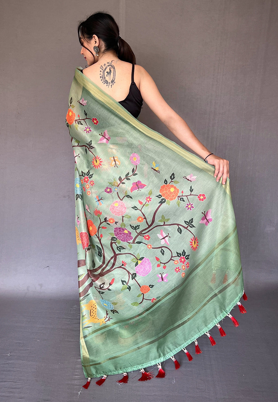 Buy MySilkLove Beryl Green Tissue Printed Kalamkari Silk Saree Online