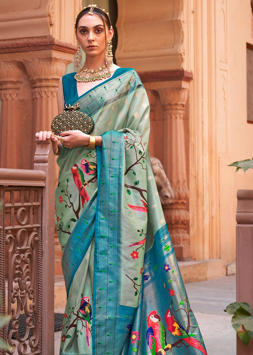 Buy MySilkLove Pine Green and Blue Woven Paithani Silk Saree Online