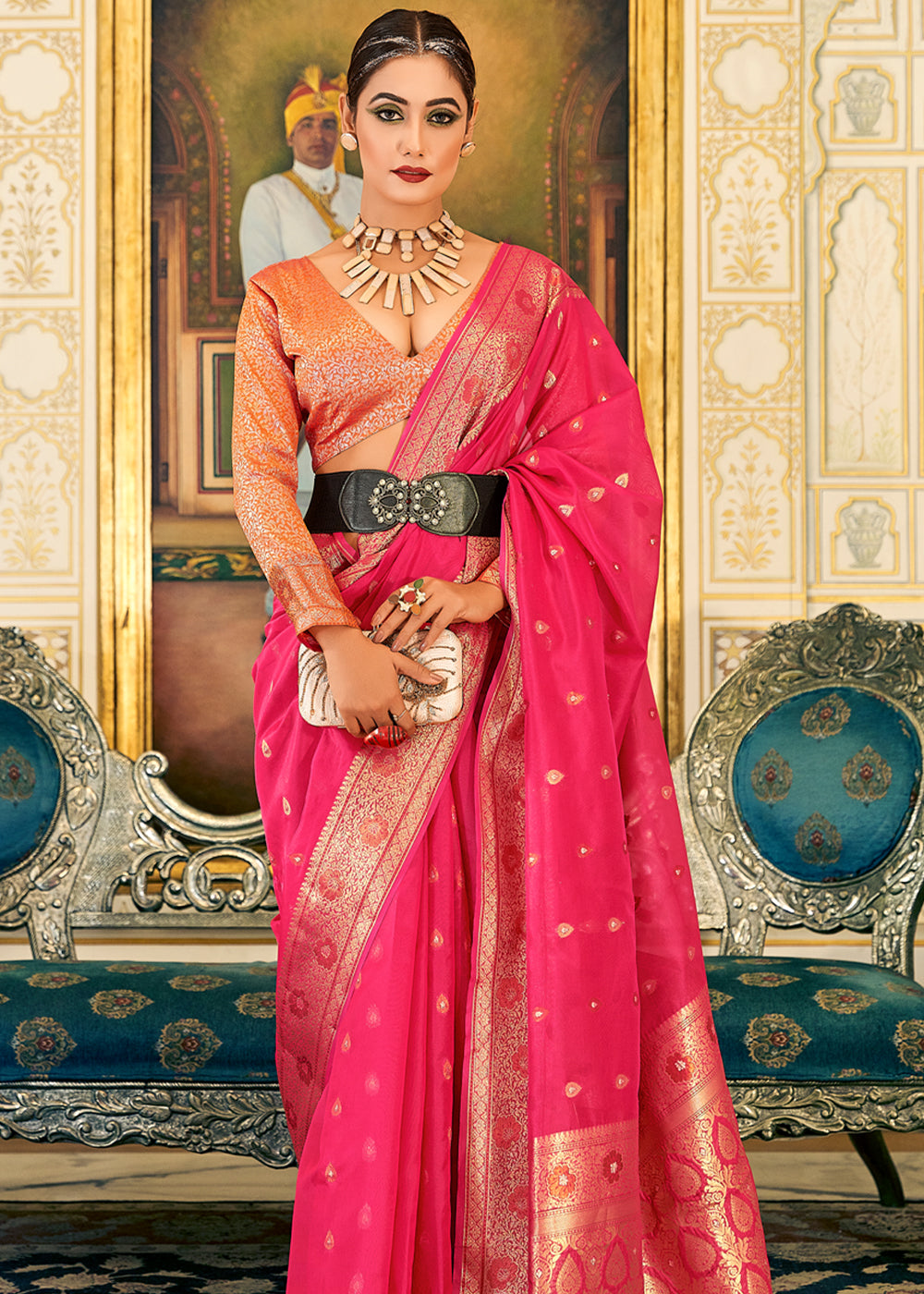 Buy MySilkLove Wild Watermelon Pink Woven Banarasi Organza Silk Saree Online