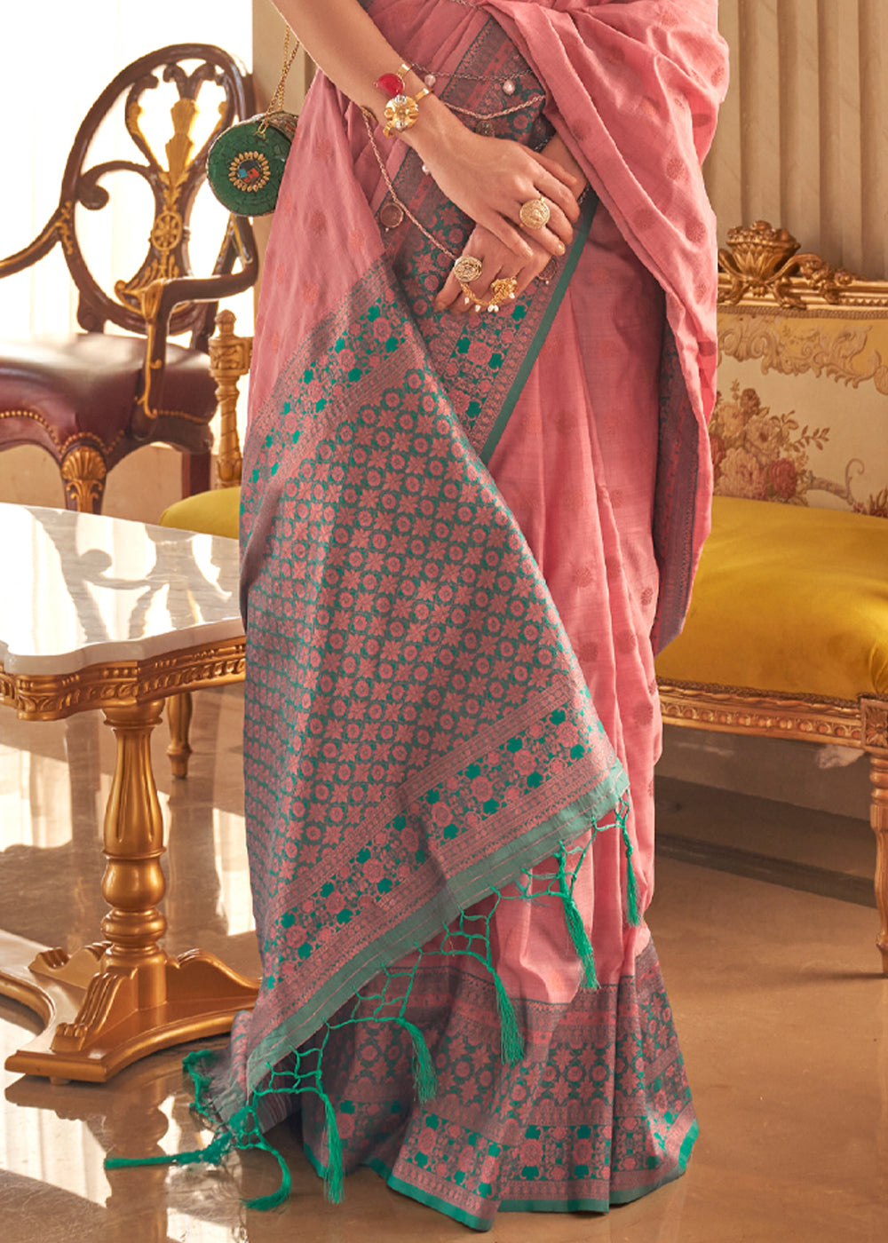 Buy MySilkLove Geraldine Pink Bronze Zari Woven Soft Silk Sarees Online