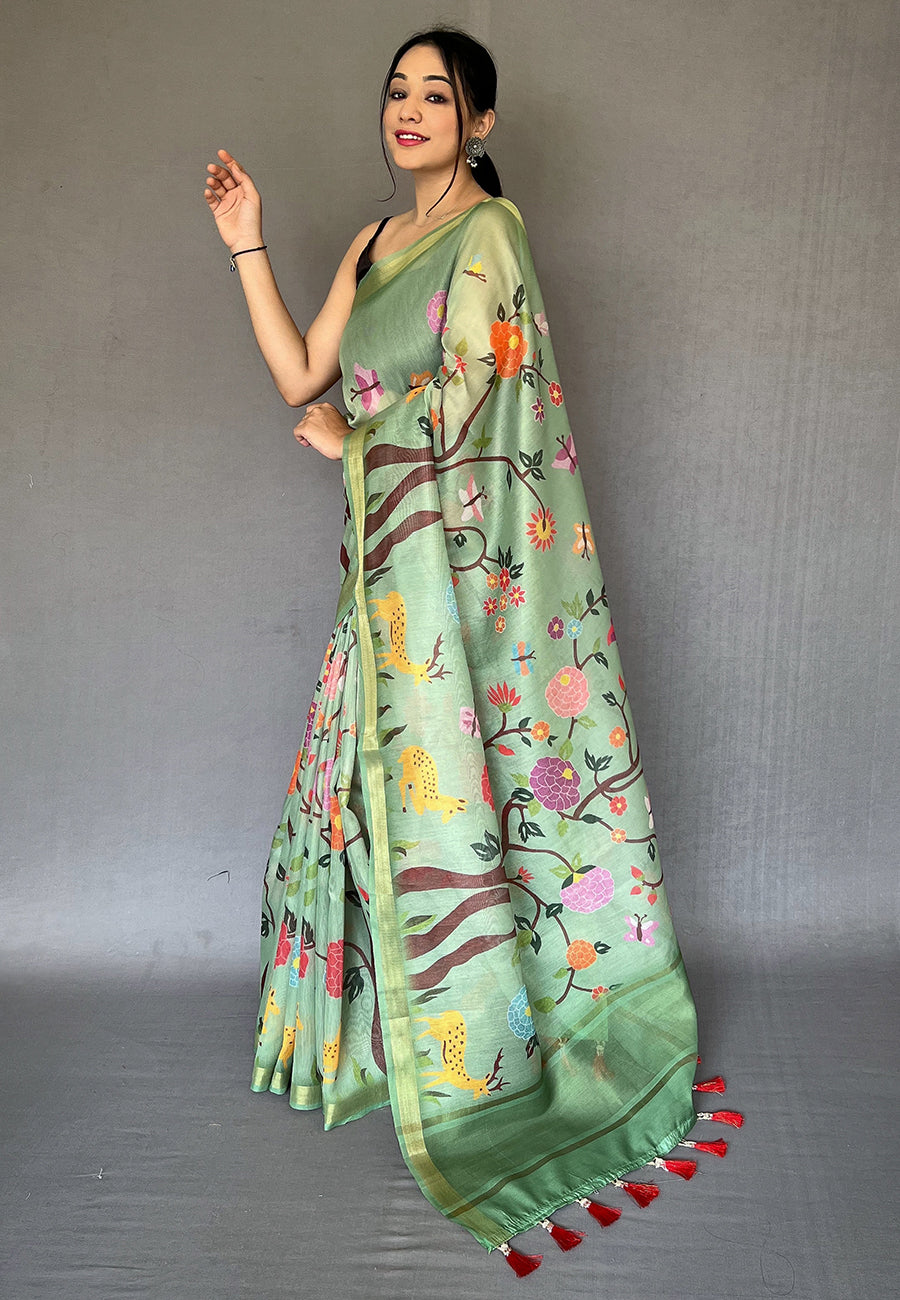 Buy MySilkLove Beryl Green Tissue Printed Kalamkari Silk Saree Online