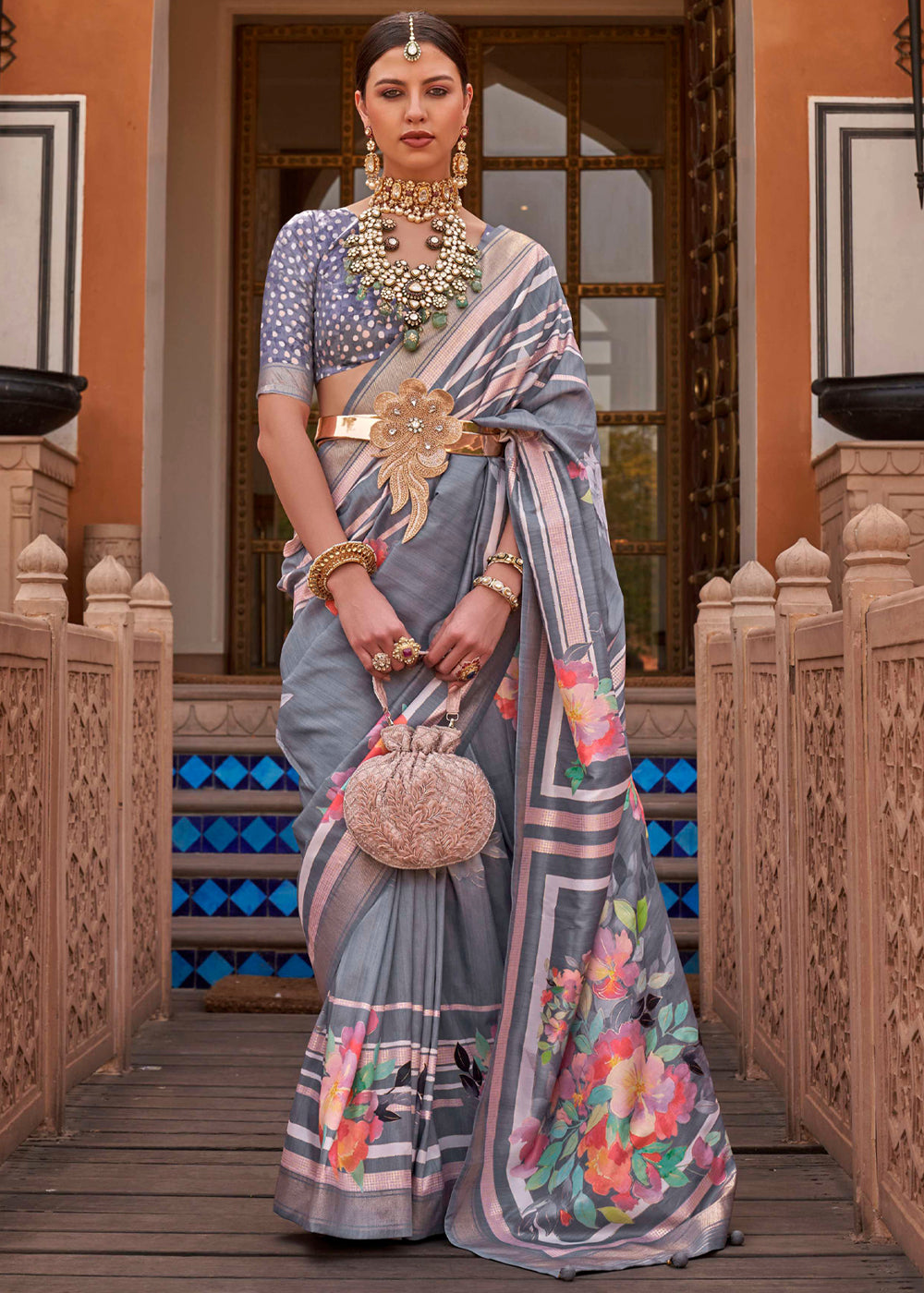 Buy MySilkLove Salt Box Grey Soft Floral Printed Silk Saree Online