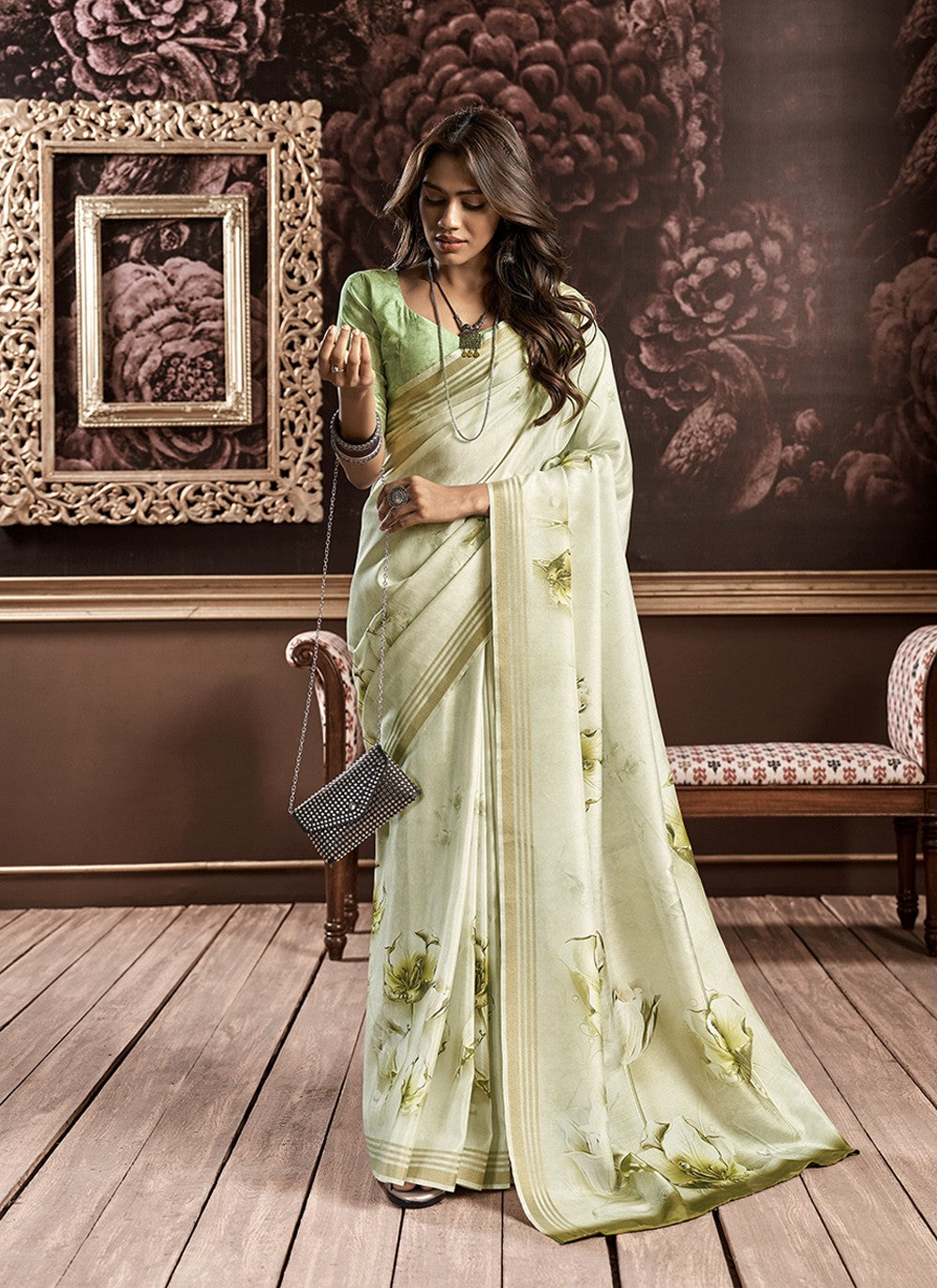 Buy MySilkLove Chino White and Green Handloom Silk Digital Printed Saree Online