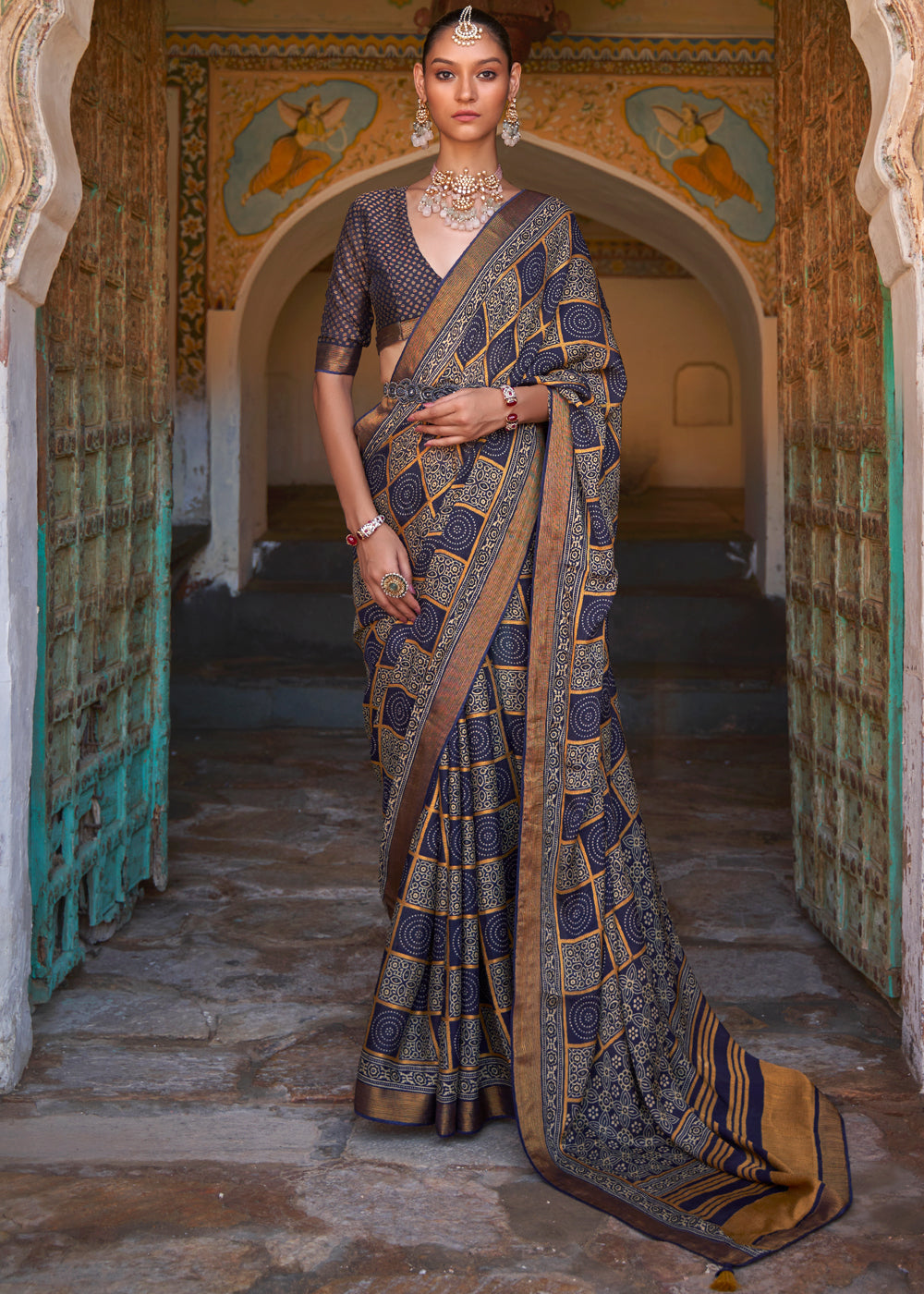 Buy MySilkLove Tuna Blue Printed Soft Silk Saree Online