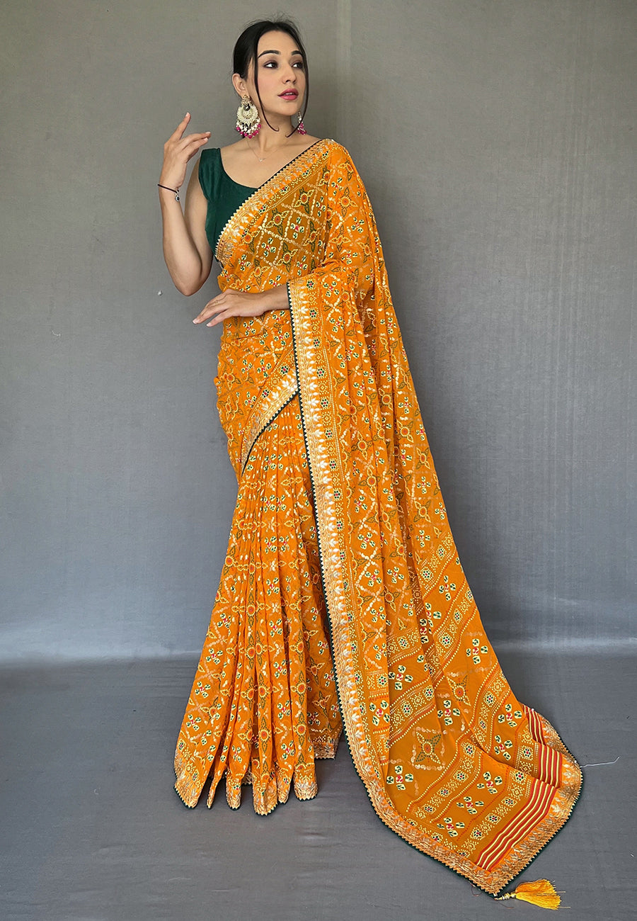 Buy MySilkLove Fire Bush Orange Embroidered Georgette Bandhani Saree Online