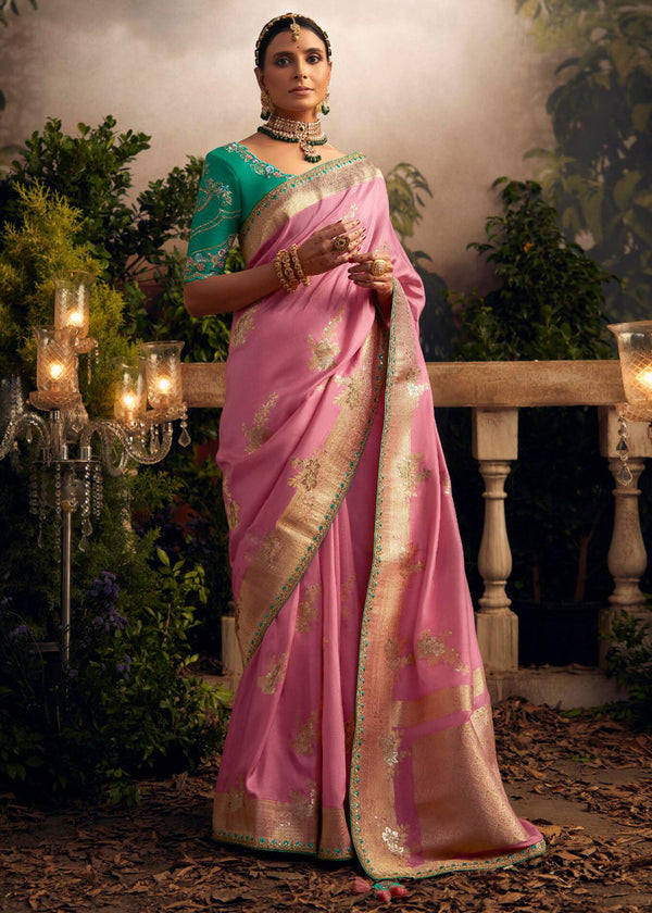 New York Pink Woven Banarasi Designer Silk Saree