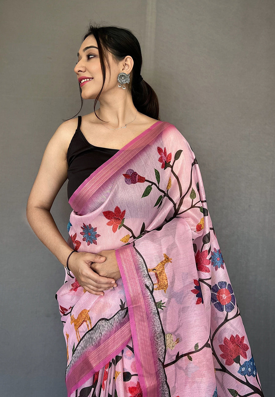 Buy MySilkLove Kobi Pink Tissue Printed Kalamkari Silk Saree Online