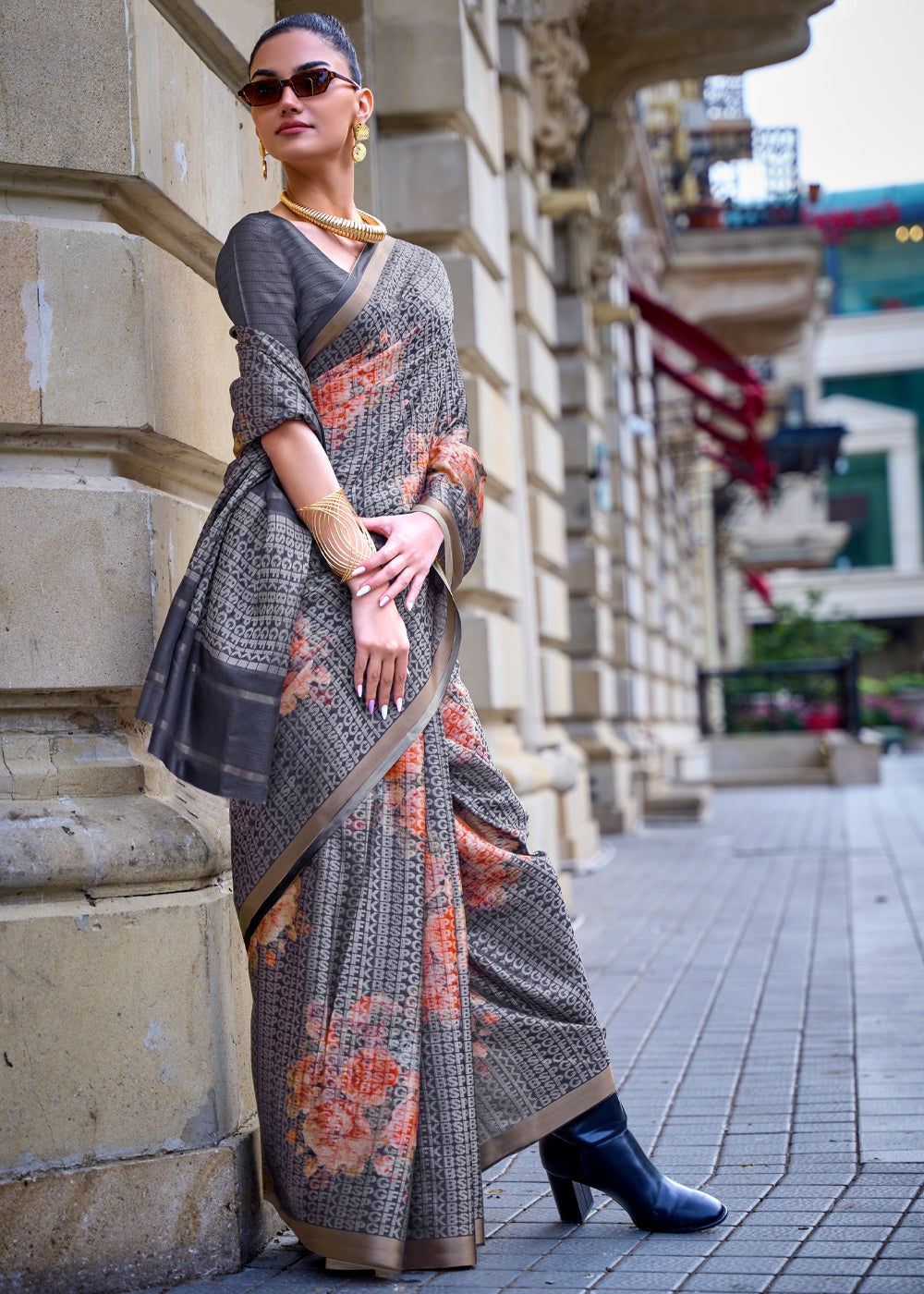 MySilkLove Scarpa Flow Grey Printed Handloom Weaving Saree