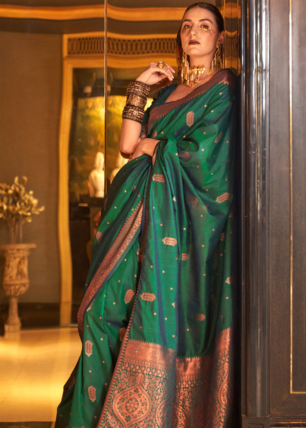 Buy MySilkLove Celtic Green Bronze Zari Woven Tussar Silk Saree Online