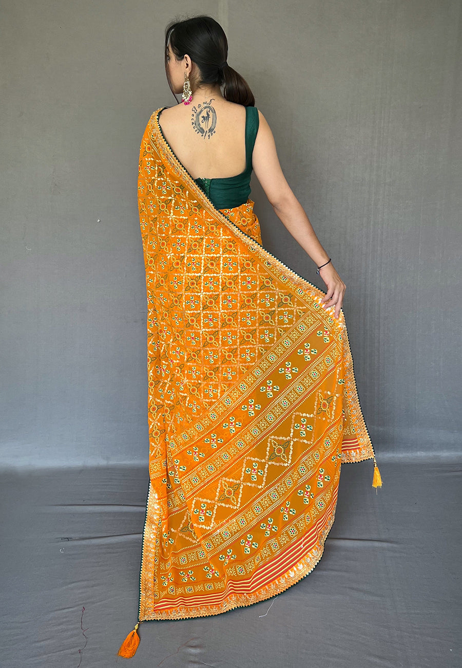 Buy MySilkLove Fire Bush Orange Embroidered Georgette Bandhani Saree Online