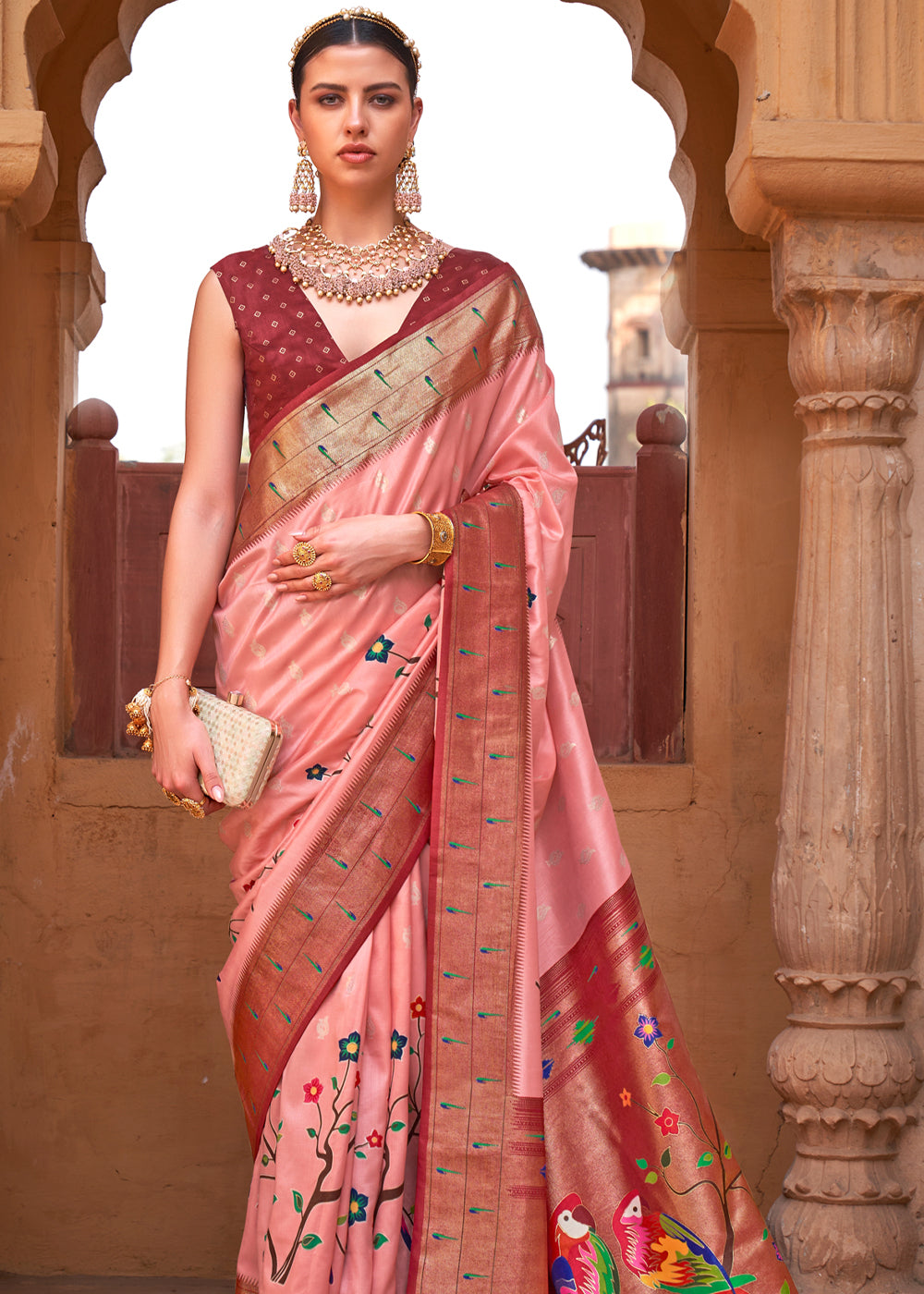 Buy MySilkLove Mona Lisa Peach and Brown Woven Paithani Silk Saree Online