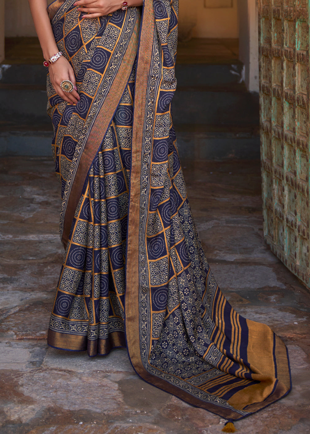 Buy MySilkLove Tuna Blue Printed Soft Silk Saree Online