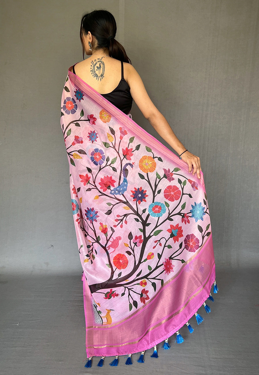 Buy MySilkLove Kobi Pink Tissue Printed Kalamkari Silk Saree Online