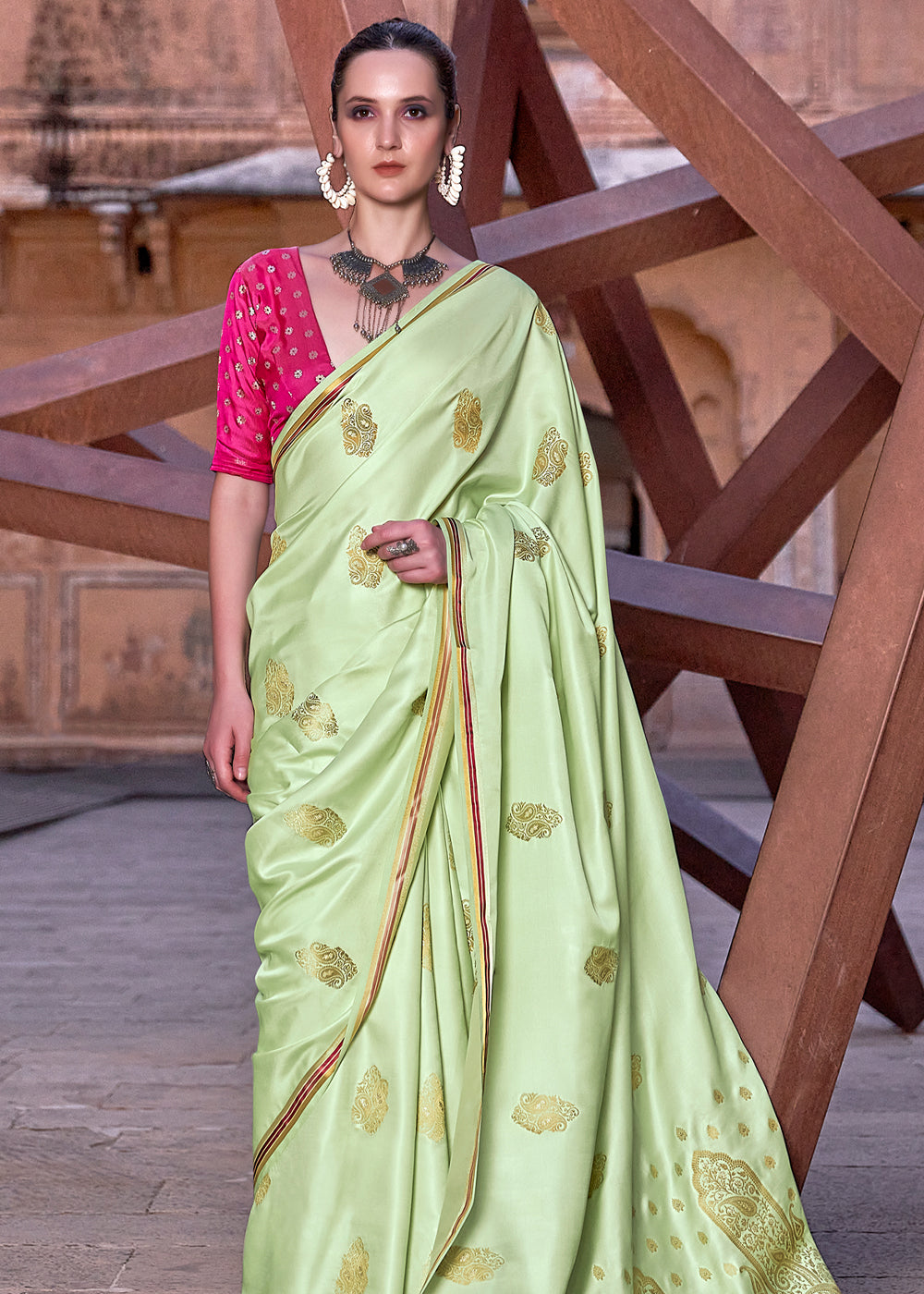 Buy MySilkLove Sprout Green Woven Satin Silk Saree Online