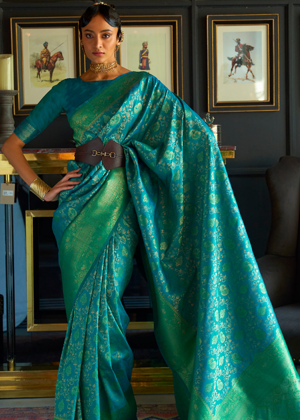 Buy MySilkLove Meadow Blue Woven Banarasi Soft Silk Saree Online