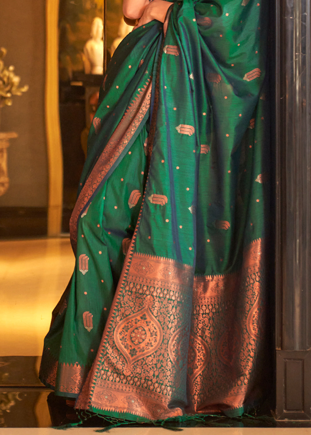 Buy MySilkLove Celtic Green Bronze Zari Woven Tussar Silk Saree Online