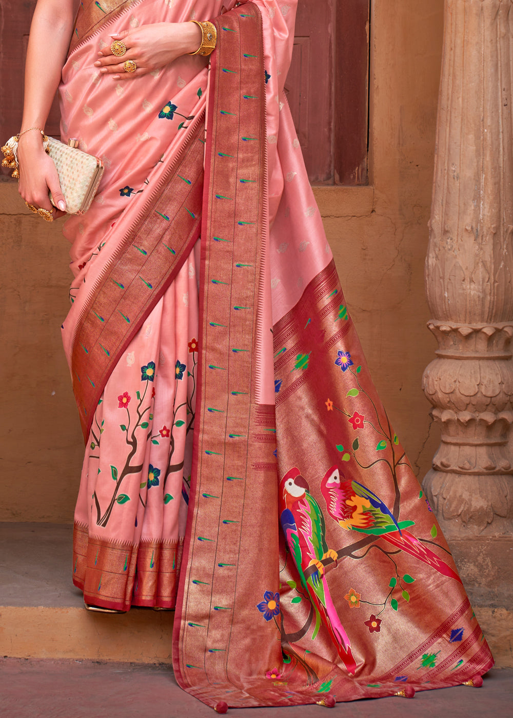 Buy MySilkLove Mona Lisa Peach and Brown Woven Paithani Silk Saree Online