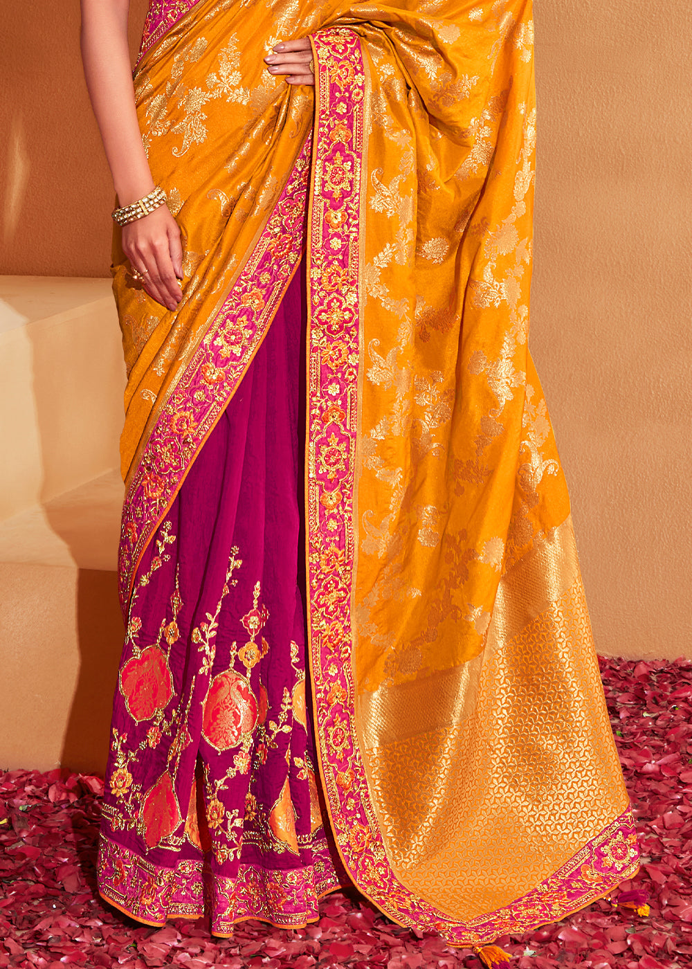 Buy MySilkLove Jazzberry Pink and Yellow Embroidered Banarasi Silk Saree Online