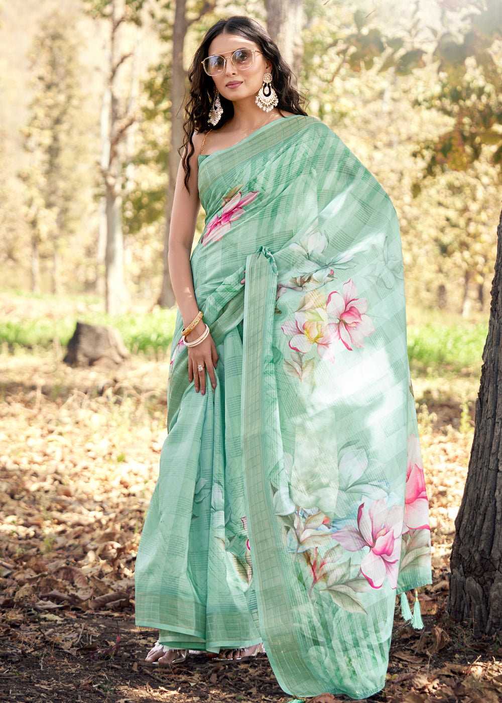 Buy MySilkLove Shadow Green Floral Printed Cotton Silk Saree Online