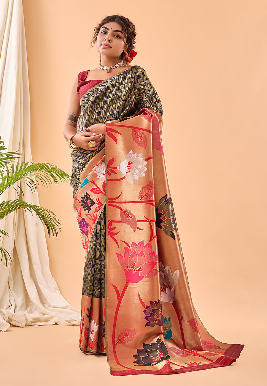 Buy MySilkLove English Walnut Black Fulrani Woven Paithani Saree Online