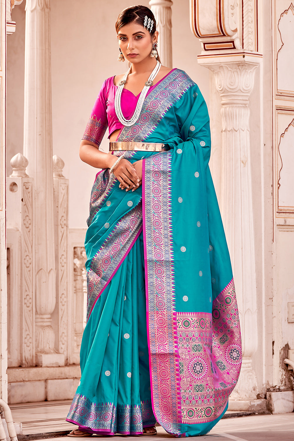 Buy MySilkLove Bondi Blue Zari Woven Banarasi Silk Saree Online