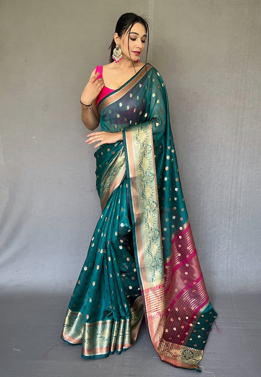 Buy MySilkLove Metallic Green  Zari Woven Organza Silk Saree Online