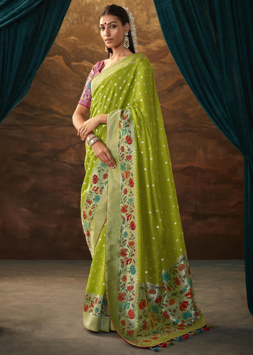 Buy MySilkLove Alpine Green Woven Paithani Banarasi Soft Silk Saree Online