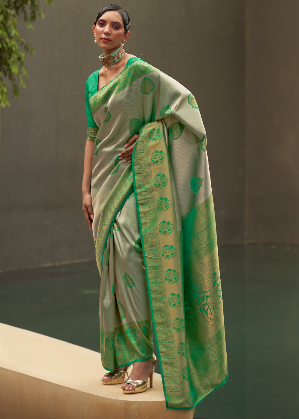 Buy MySilkLove Goblin Green and Grey Two Tone Woven Silk Saree Online