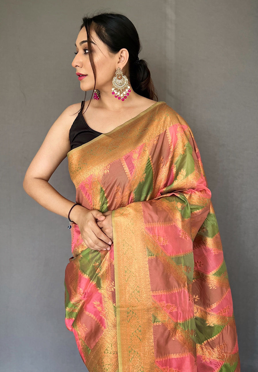 MySilkLove Japonica Pink Copper Zari Woven Organza Saree