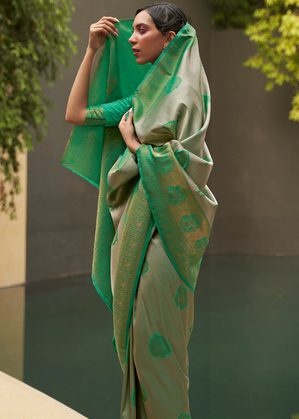 MySilkLove Goblin Green and Grey Two Tone Woven Silk Saree