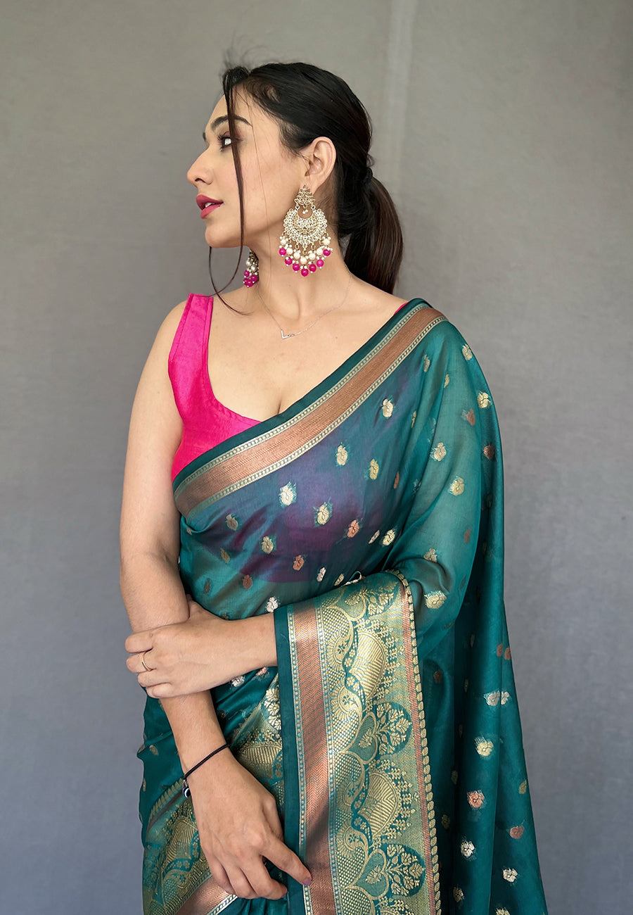 Buy MySilkLove Metallic Green  Zari Woven Organza Silk Saree Online