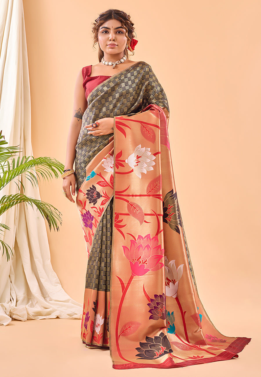 Buy MySilkLove English Walnut Black Fulrani Woven Paithani Saree Online