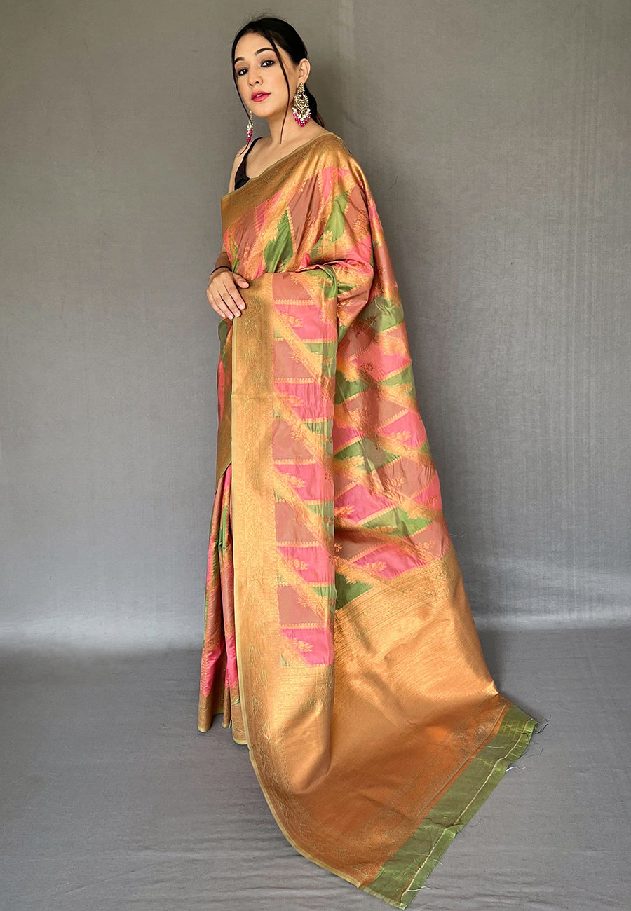 Buy MySilkLove Japonica Pink Copper Zari Woven Organza Saree Online