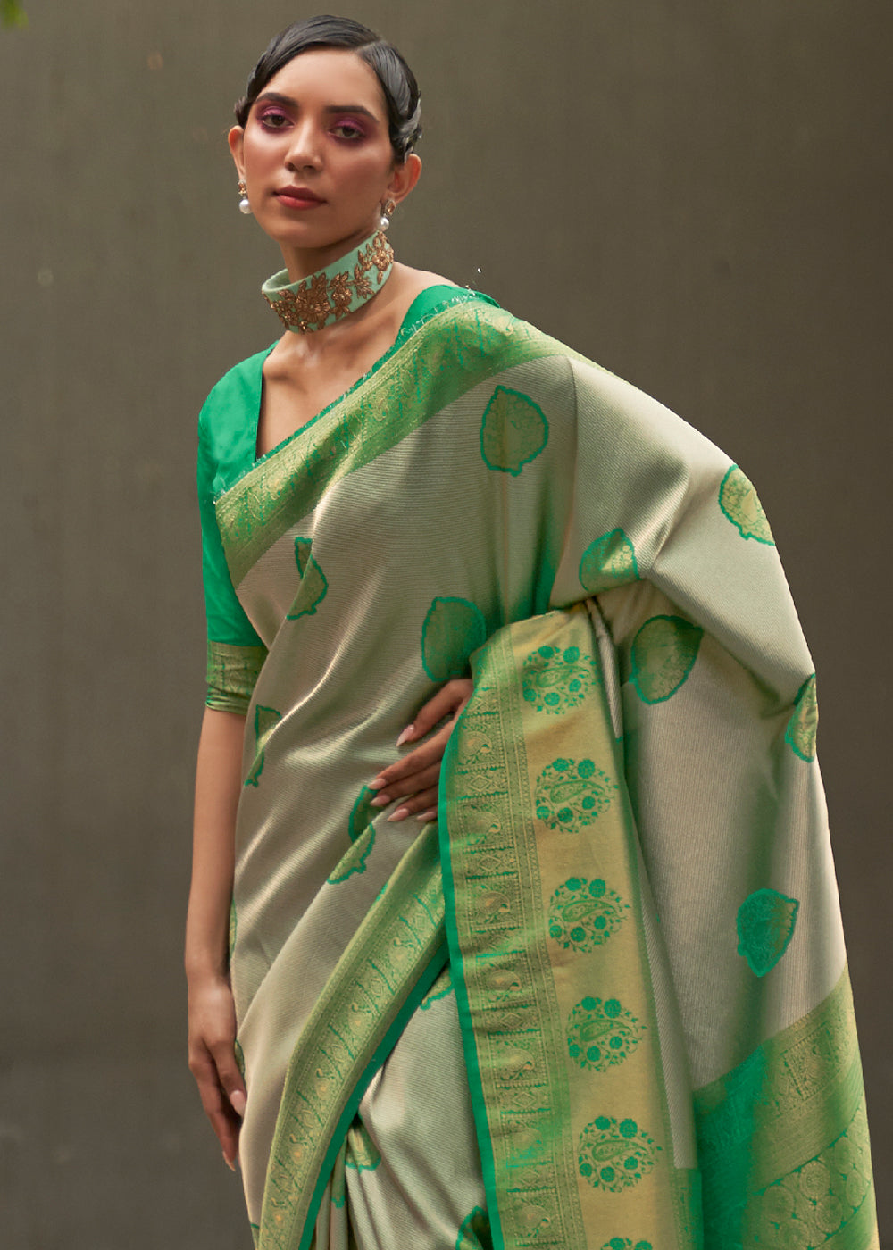 Buy MySilkLove Goblin Green and Grey Two Tone Woven Silk Saree Online