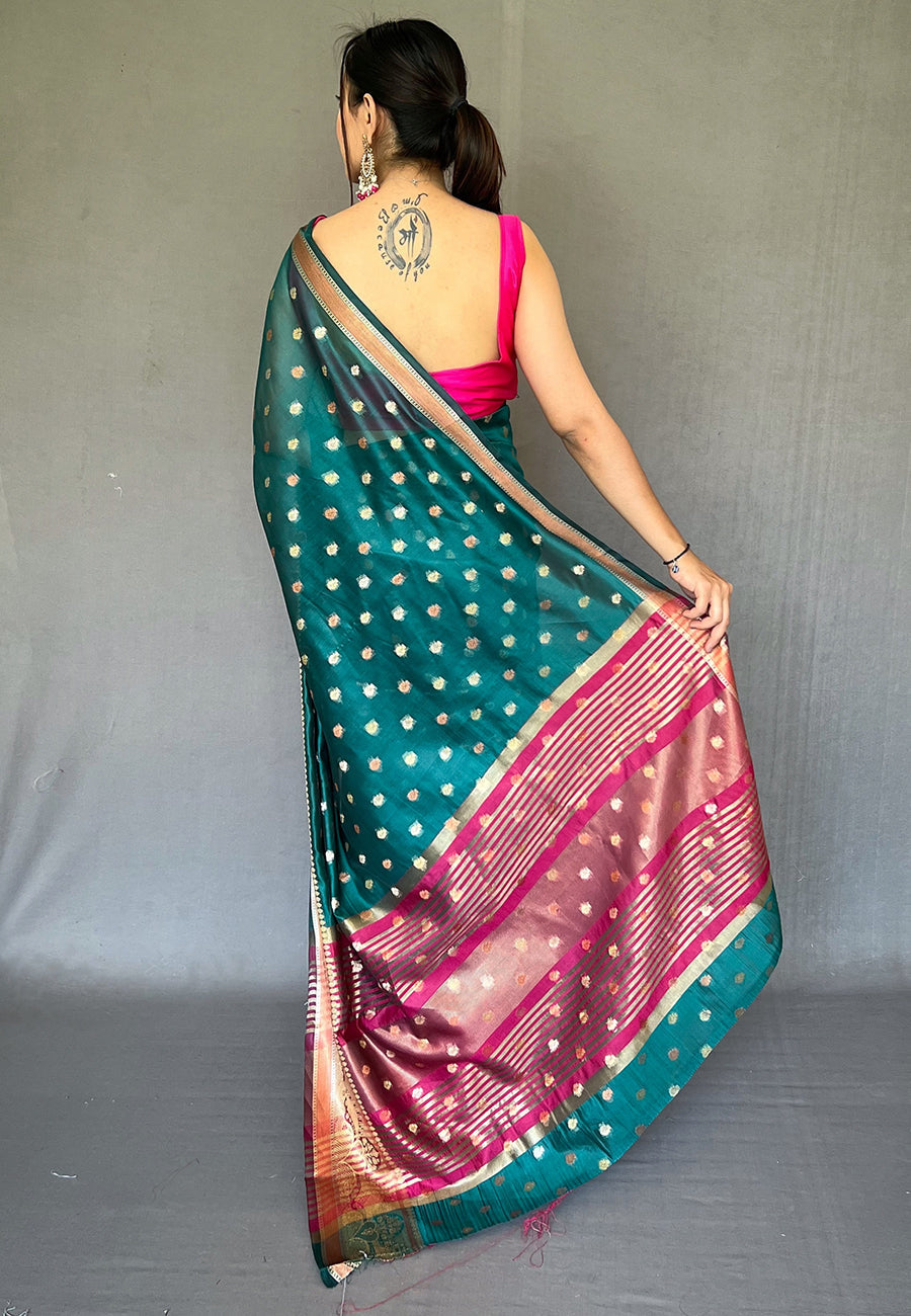 Buy MySilkLove Metallic Green  Zari Woven Organza Silk Saree Online