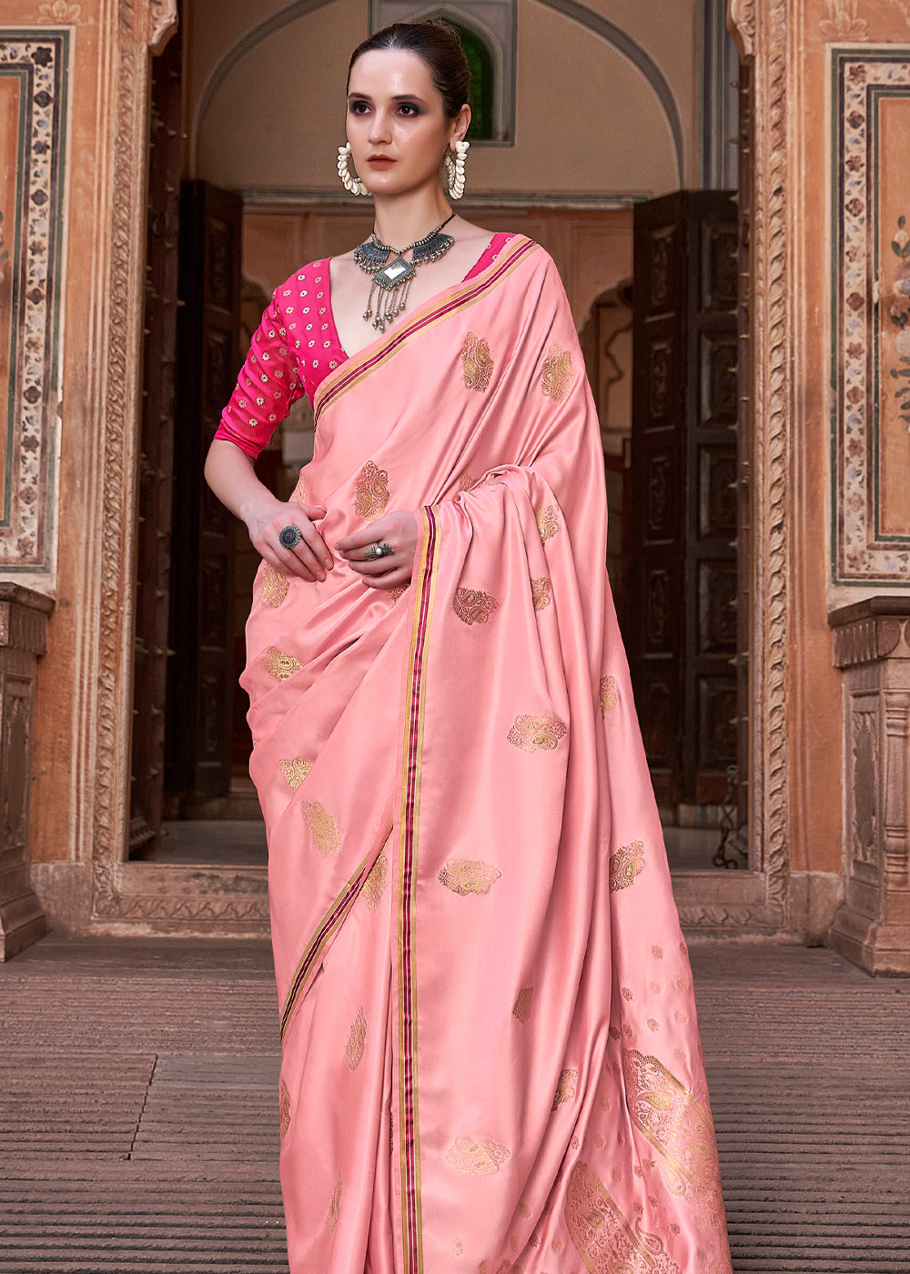 Buy MySilkLove Sea Pink Woven Satin Silk Saree Online