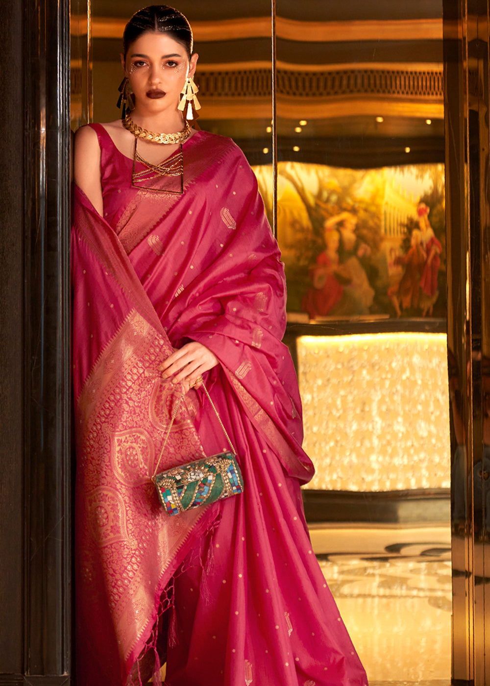 Buy MySilkLove Dingy Dungeon Pink Bronze Zari Woven Tussar Silk Saree Online