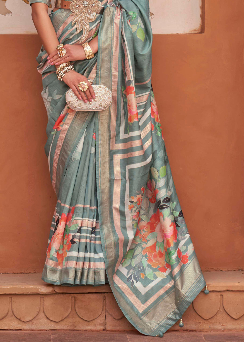 Buy MySilkLove Mantle Green Soft Floral Printed Silk Saree Online