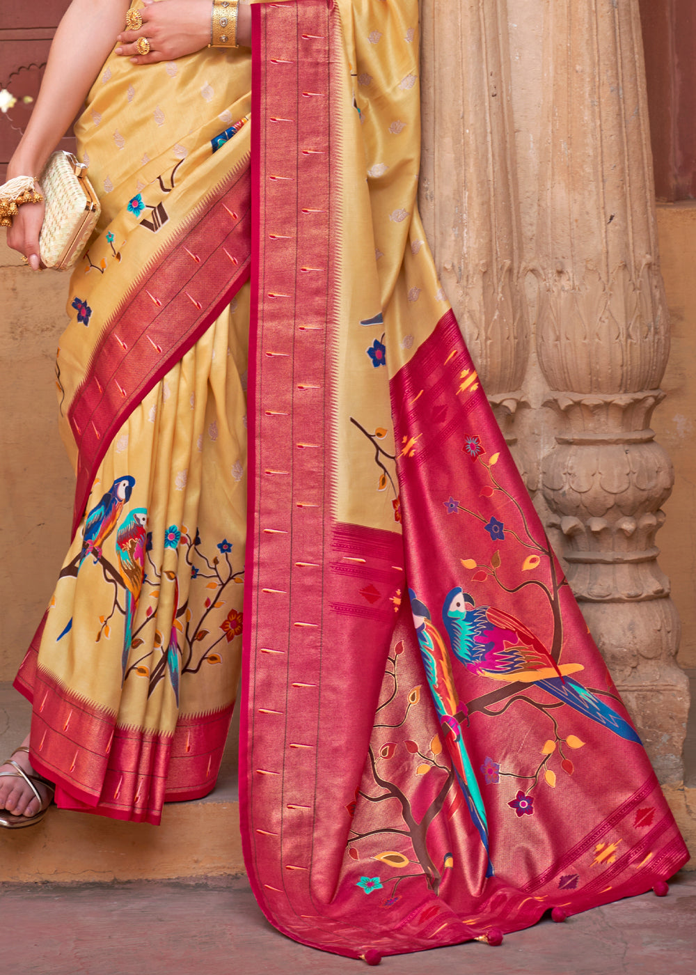 Buy MySilkLove Vis Yellow and Red Woven Paithani Silk Saree Online