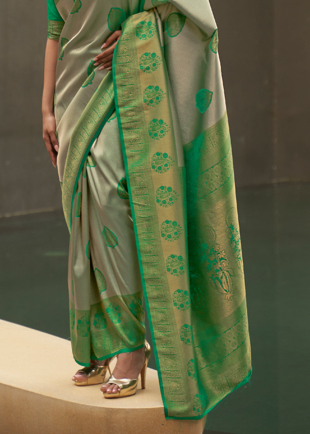 Buy MySilkLove Goblin Green and Grey Two Tone Woven Silk Saree Online