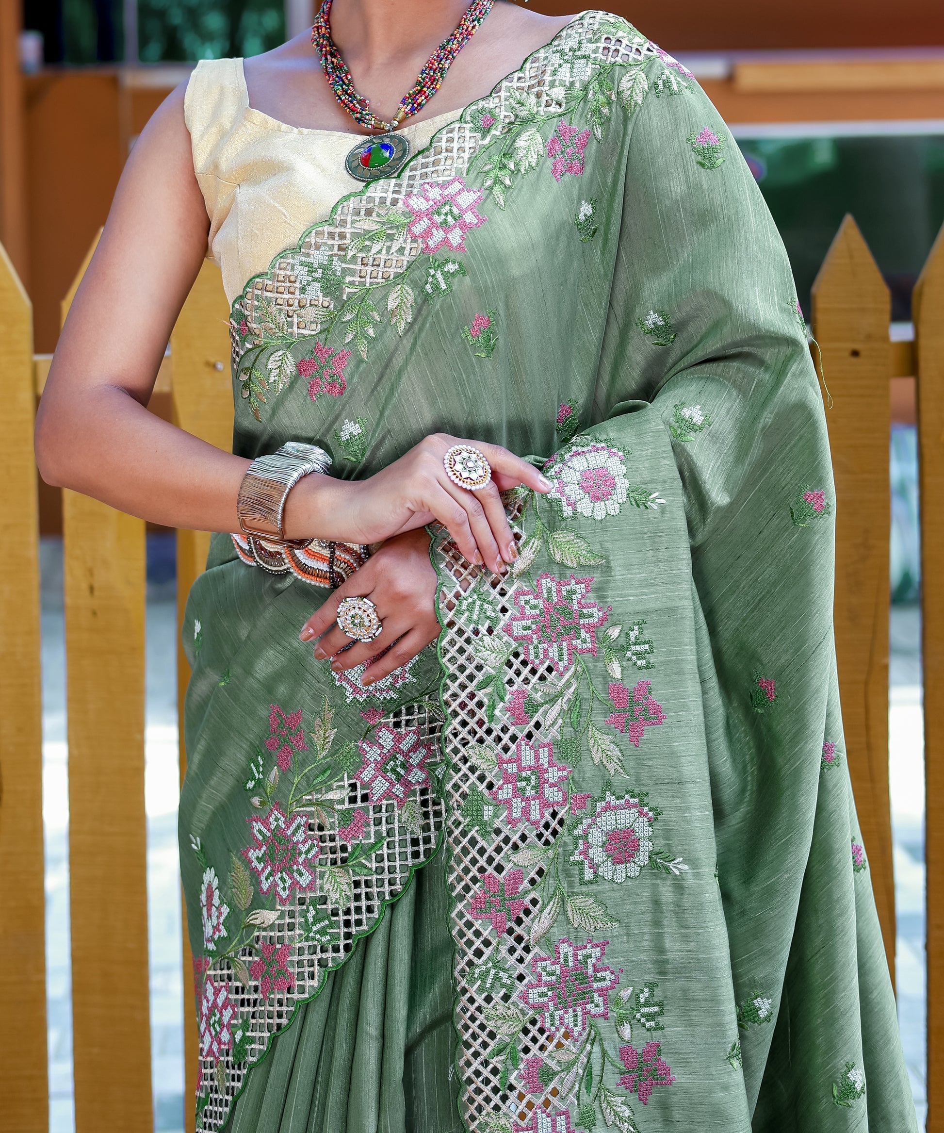 Buy MySilkLove Sprout Green Embroidered Tussar Silk Saree Online