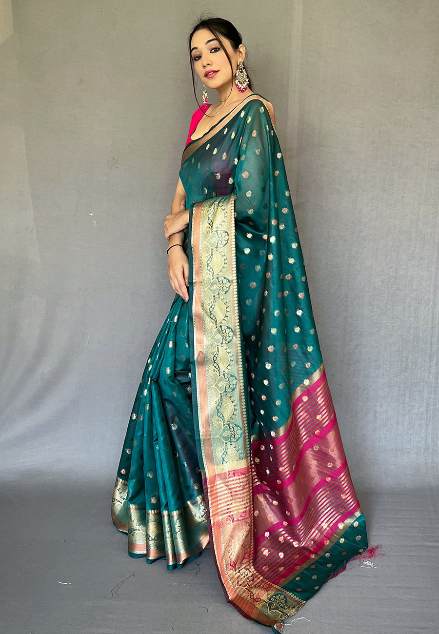 Buy MySilkLove Metallic Green  Zari Woven Organza Silk Saree Online