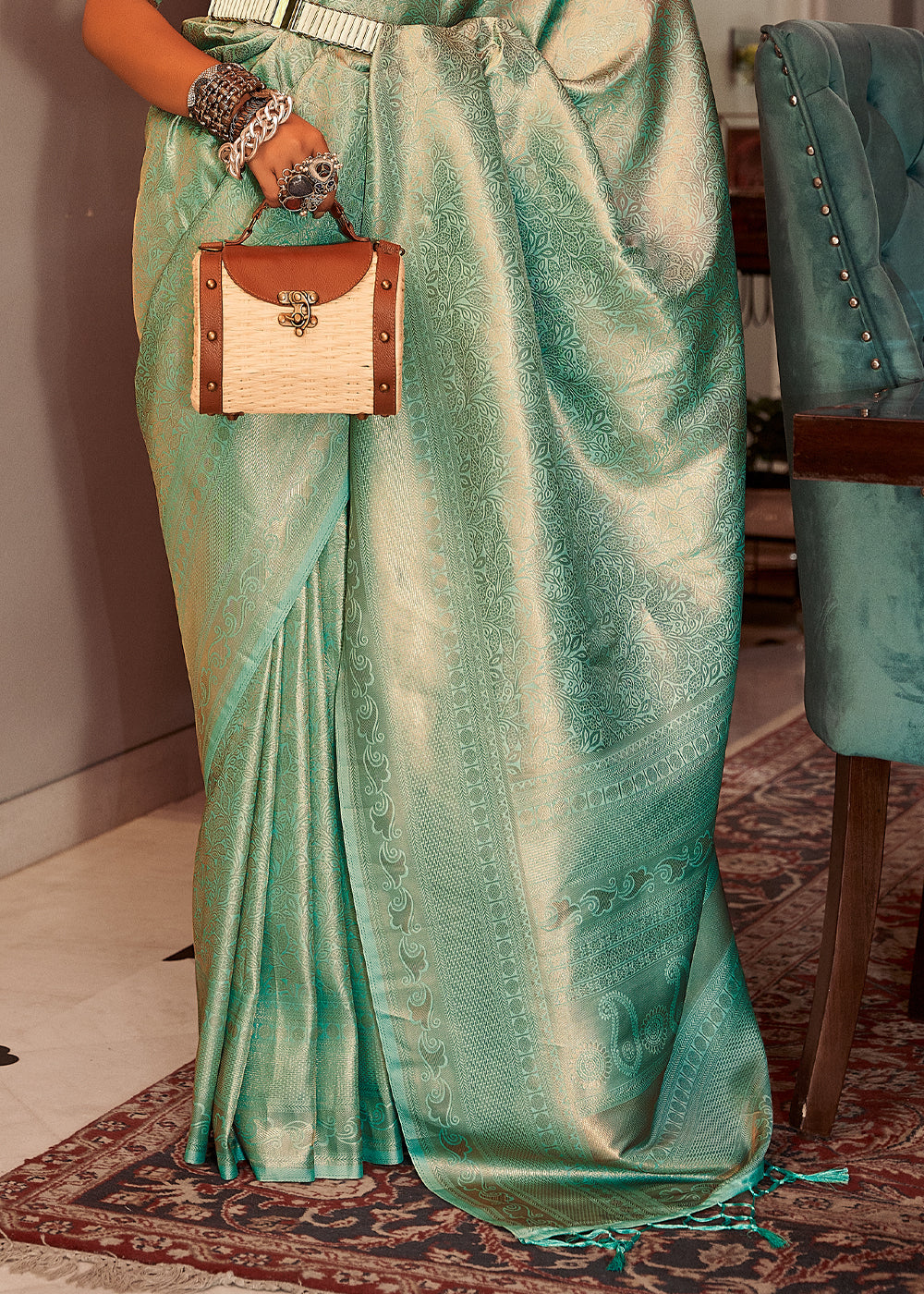 Buy MySilkLove Finch Green Woven Kanjivaram Silk Saree Online